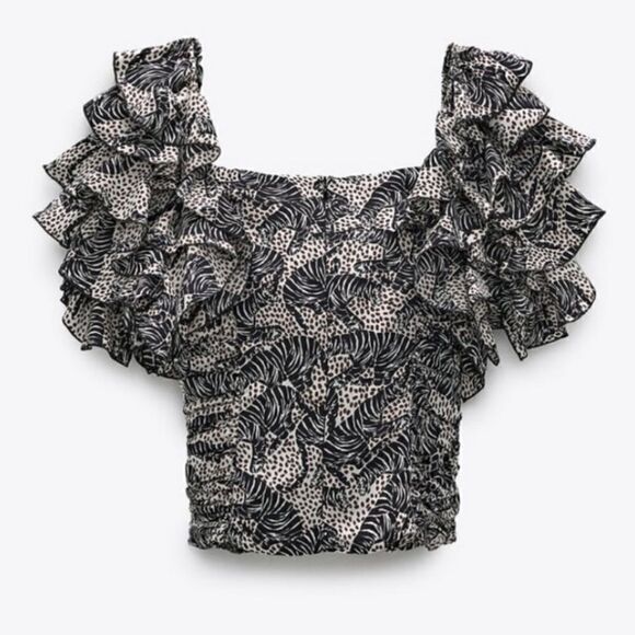 Zara Animal Print Frilly Sleeve Blouse - Picture 1 of 5